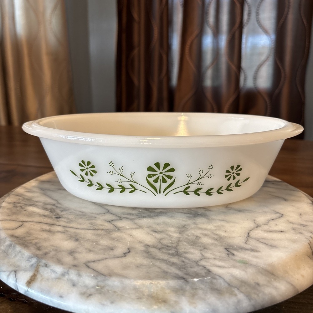 VTG 60s MCM Glasbake J235 1Qt Casserole Dish Green Spring Daisy Milk Glass Oval
